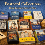 Postcards collection on table for resale on ebay